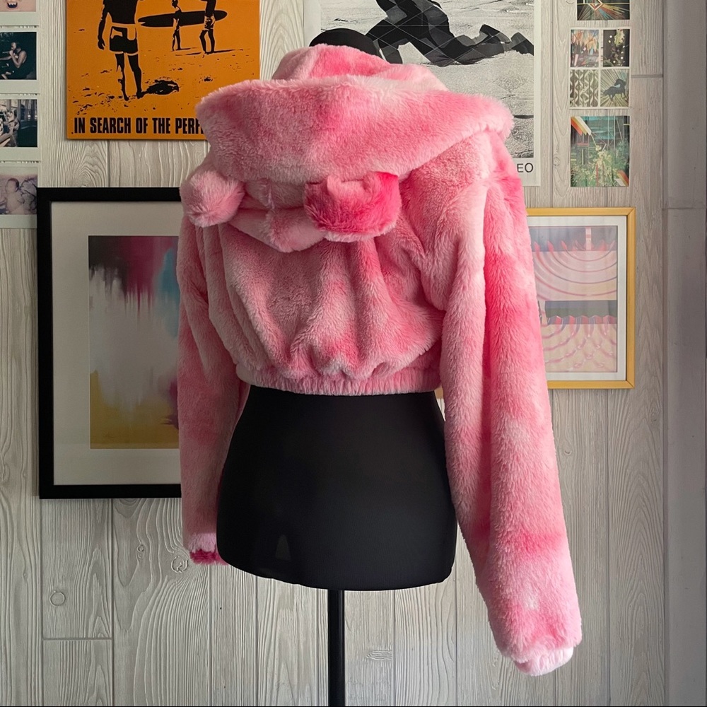 NWT Teddy Bear Hooded Cropped Jacket Pink Fur Rave Festival Kawaii Goth Pastel - Picture 3 of 4